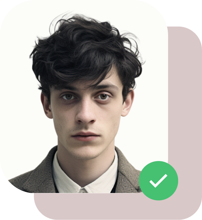 Passport photo example with compliant features, young male model, neutral expression, and checkmark indicating approval for passport application requirements.