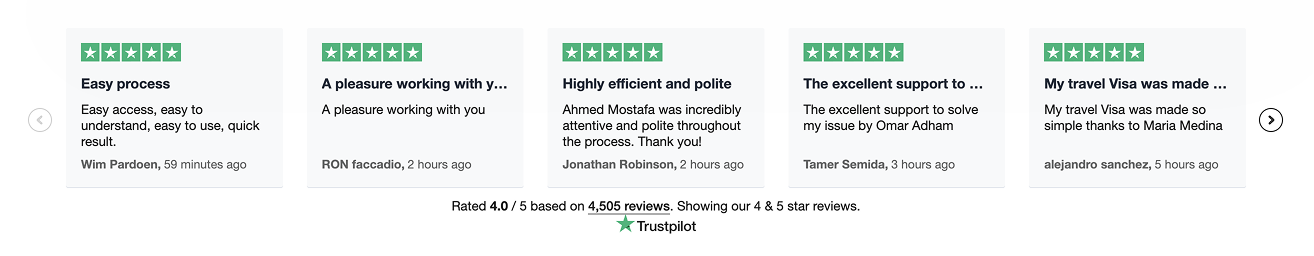Customer reviews highlighting positive experiences with a passport processing service, featuring five-star ratings and comments on efficiency and support.