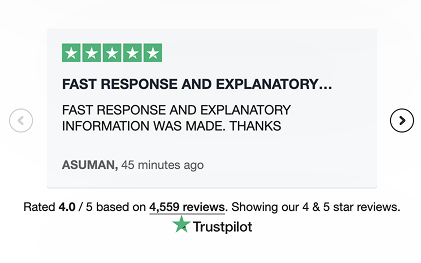 Trustpilot review showcasing a 4.0 out of 5-star rating based on 4,559 reviews, highlighting fast response and explanatory service.