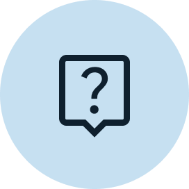 Question mark inside a speech bubble on a light blue circular background, symbolizing customer support and inquiries related to passport services.